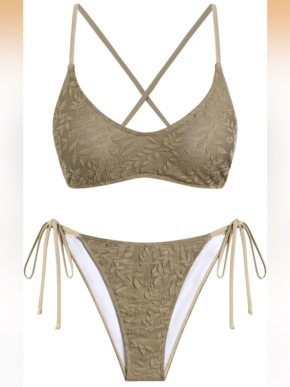 Zaful Textured Cross-Back Tie-Side Bikini in Khaki